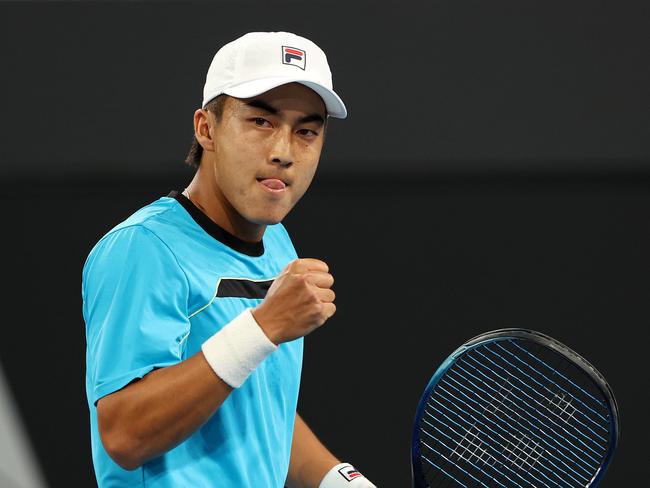 ADELAIDE, AUSTRALIA - JANUARY 09: Rinky Hijikata of Australia plays celebrates a point during their match against Daniel Evans of Great Britain  in the 2024 Adelaide International at Memorial Drive on January 09, 2024 in Adelaide, Australia. (Photo by Sarah Reed/Getty Images)