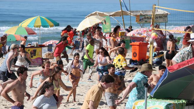 Godzilla left beachgoers running screaming from Surfers Paradise beach as tinseltown was transformed into Rio during filming for Godzilla v Kong II. Picture Glenn Hampson