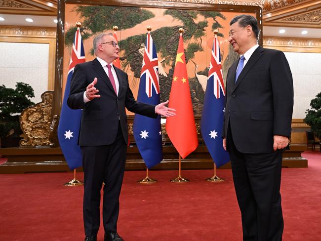 Australia’s Prime Minister Anthony Albanese meets with China’s President Xi Jinping at the Great Hall of the People in Beijing, China, Monday, November 6, 2023. Anthony Albanese will hold talks in China with President Xi Jinping in the first visit to the Asian nation by a sitting prime minister since 2016. (AAP Image/Lukas Coch) NO ARCHIVING