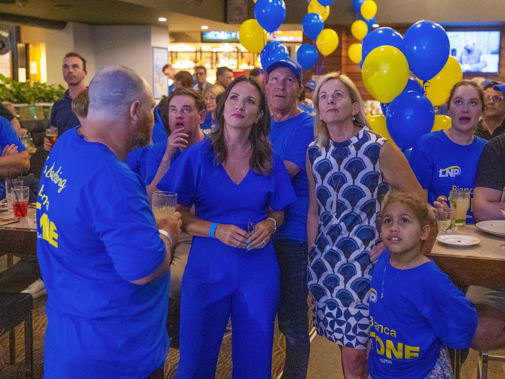 LNP candidate for Gaven Bianca Stone watches results roll in with supporters including Federal member for Moncrieff Angie Bell at the Hinterland Hotel in Nerang on Saturday night. Picture: Nigel Hallett.