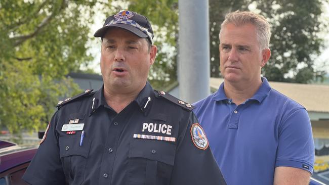 NT Police Acting Divisional Superintendent Paul Wood and Infrastructure Minister Joel Bowden urge Territorians to drive safely as they announce the new NT Road Safety Action Plan. Picture: Fia Walsh