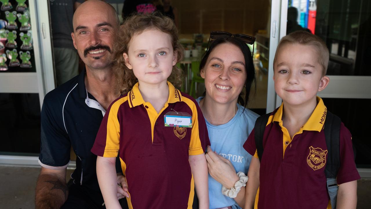 Jye Marie, Pip, and Brian at the first day of school at Monkland State School. January 22, 2024. Picture: Christine Schindler