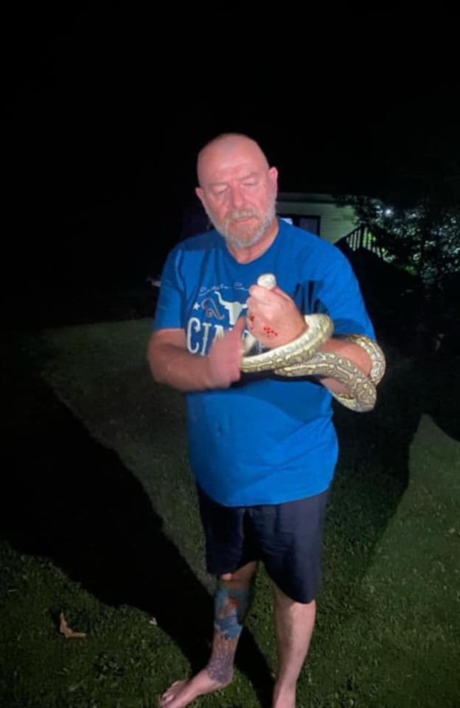 Kellie Bond posted this photo on the Gympie Times page with the caption: "1.5m python at Chatsworth 8.20pm. Just relocated him to bushland away from our chooks". The relocator appeared to be sporting some war wounds. Carpet pythons aren’t venomous but can still produce a nasty bite.