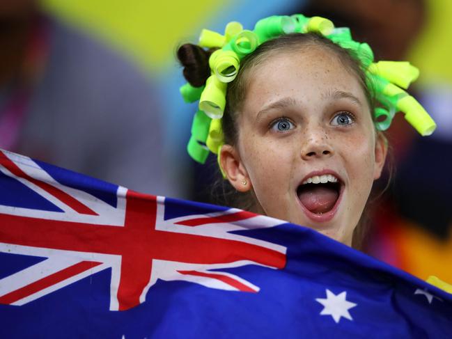 GOLD COAST, QUEENSLAND - APRIL 14:  The crowd enjoy the atmosphere during the women's Rugby Sevens match between Australia and Fiji on day 10 of the Gold Coast 2018 Commonwealth Games at Robina Stadium on April 14, 2018 on the Gold Coast, Australia.  (Photo by Mark Kolbe/Getty Images)