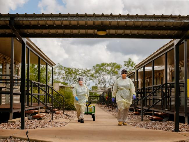 **NO ONLINE USE UNTIL 12:05AM, Friday 15th January, 2020** AUSMAT staff conduct a Swabbing run at a PPE drill at the NCCTRCA/AUSMAT sections of the Howard Springs Corona virus quarantine Centre on Darwin's outskirts. Picture: GLENN CAMPBELL via NCA NewsWire