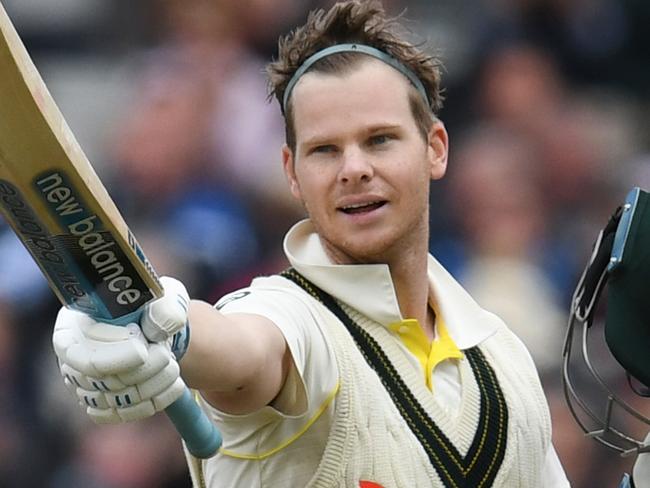 Australia's Steve Smith celebrates making 100 runs on the second day of the fourth Ashes cricket Test match between England and Australia at Old Trafford in Manchester, north-west England on September 5, 2019. (Photo by Paul ELLIS / AFP) / RESTRICTED TO EDITORIAL USE. NO ASSOCIATION WITH DIRECT COMPETITOR OF SPONSOR, PARTNER, OR SUPPLIER OF THE ECB