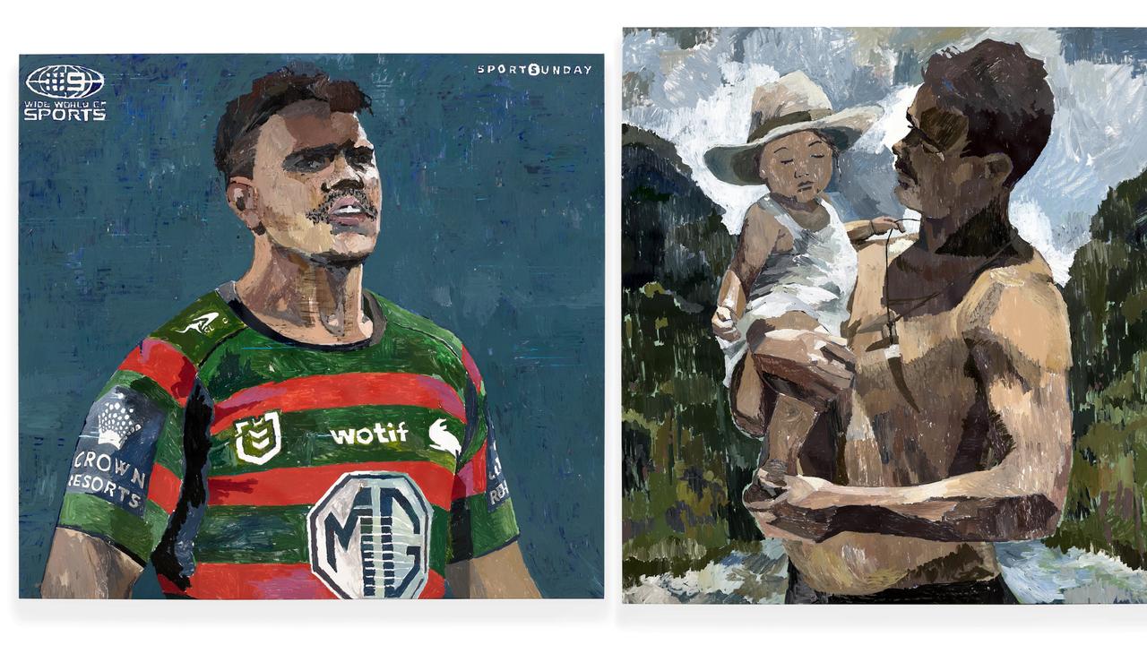 Zoe Young’s 'Latrell and Winmarra', acrylic, oil and rosewater on linen, two panels: 198.3 x 213.8cm (left); 213.5 x 198.6cm (right). Sitter: Latrell Mitchell