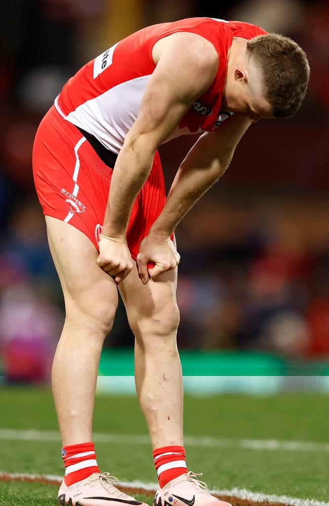 Chad Warner on his haunches following the Swans’ loss to the Western Bulldogs. Picture: Michael Willson/AFL Photos via Getty Images.