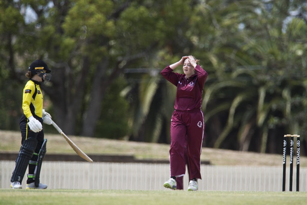 Stacy Rockliff reacts after bowling for Queensland against Western Australia in Australian Country Cricket Championships women's division round four at Heritage Oval, Tuesday, January 7, 2020. Picture: Kevin Farmer