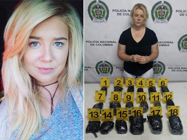 Australian Cassandra Sainsbury is pictured in handcuffs after she was arrested at the international airport in Bogota, Colombia. Police found almost six kilograms of cocaine hidden in packages stashed in her luggage.