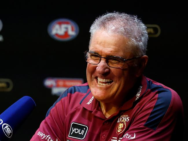 MELBOURNE, AUSTRALIA - SEPTEMBER 27: Chris Fagan, Senior Coach of the Lions is seen during a press conference before the 2024 AFL Grand Final Parade on September 27, 2024 in Melbourne, Australia. (Photo by Michael Willson/AFL Photos via Getty Images)