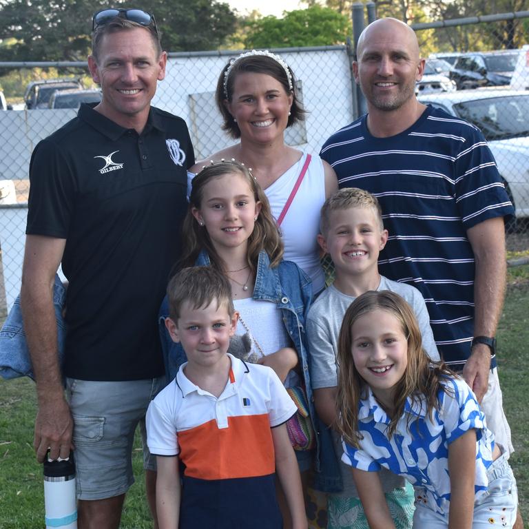 Cam, Livvy, Mitch, Addy, Maggie, Hastings and Max McDouall at the CQ Legends Capras versus Comets game at Rugby Park, Rockhampton, on October 26, 2024.