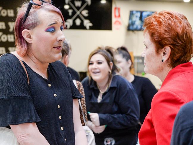 ADELAIDE, AUSTRALIA - NewsWire Photos APRIL 21, 2022: Pauline Hanson talking trans gender issues with Rebecca Hammond during a walk around at Woolworths Elizabeth Shopping centre. Picture: NCA NewsWire / Brenton Edwards