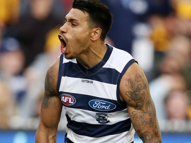 AFL Round 21. 11/08/2018.  Hawthorn v Geelong at the MCG.  Geelong's Tim Kelly celebrates his goal in the fourth quarter   .Pic: Michael Klein