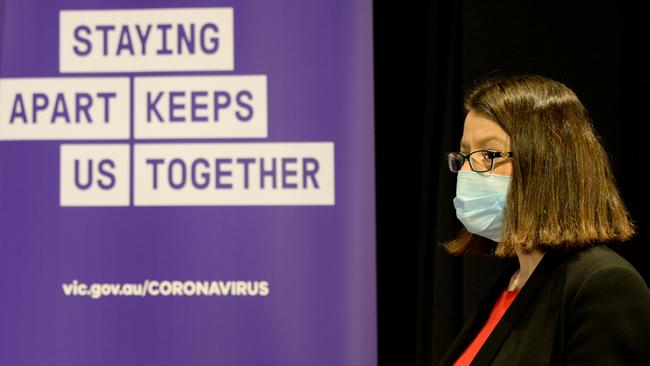 Victorian Health Minister Jenny Mikakos at Victoria’s daily covid conference. Picture: NCA NewsWire / Andrew Henshaw