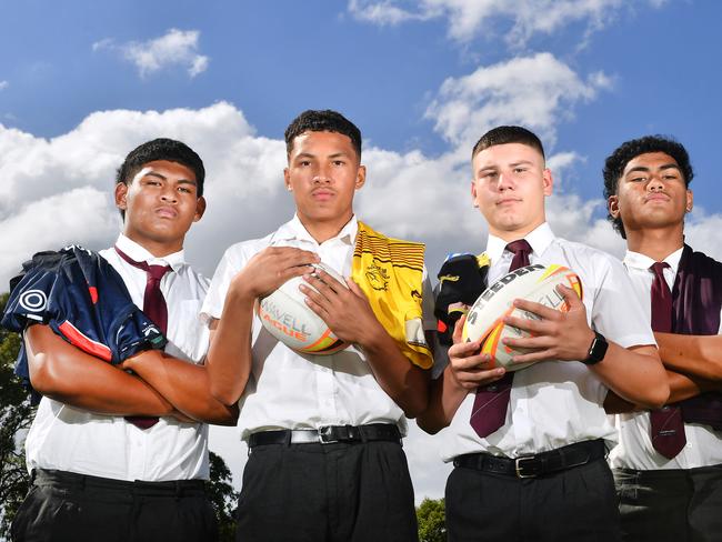 Peter Benjamin Uini, Jared Horne, Charlie Dickson and Karl Oloapu.Wavell SHS boys who have signed with NRL clubs.Thursday April 21, 2022. Picture, John Gass