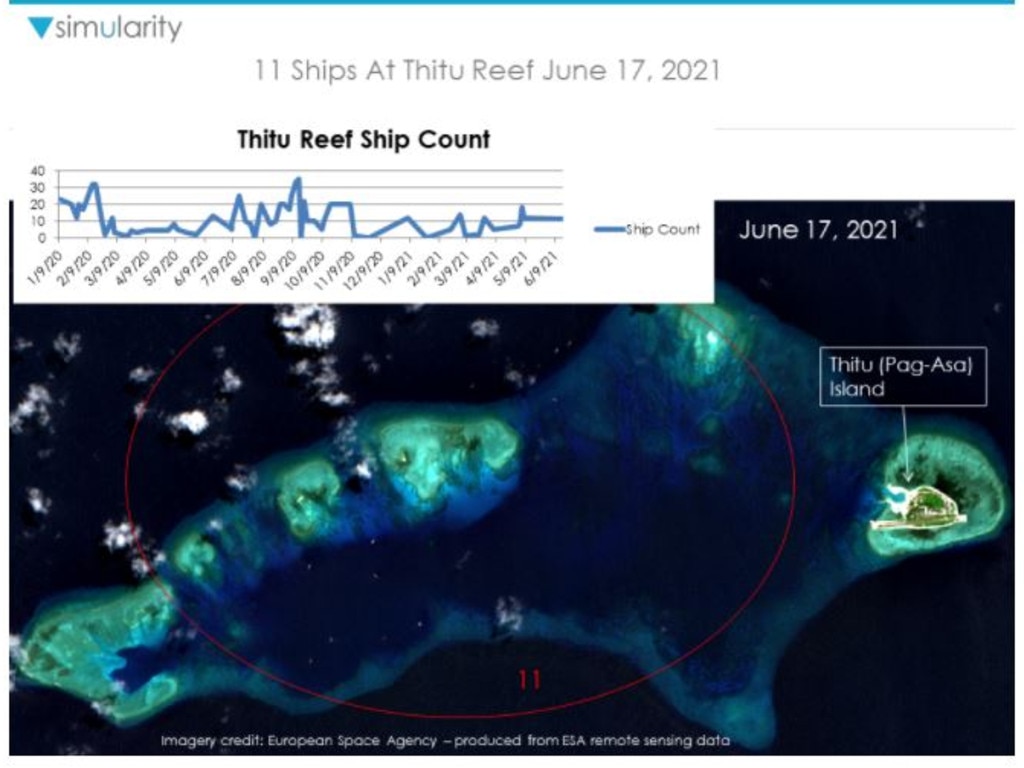 There were 11 ships at Thitu Reef on June 172021. Picture: Simularity