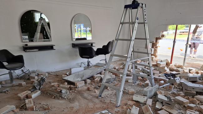 Damage at the premises of Crimson Hairdressers, Coffs Harbour after a police car chase goes wrong 30 September 2024.