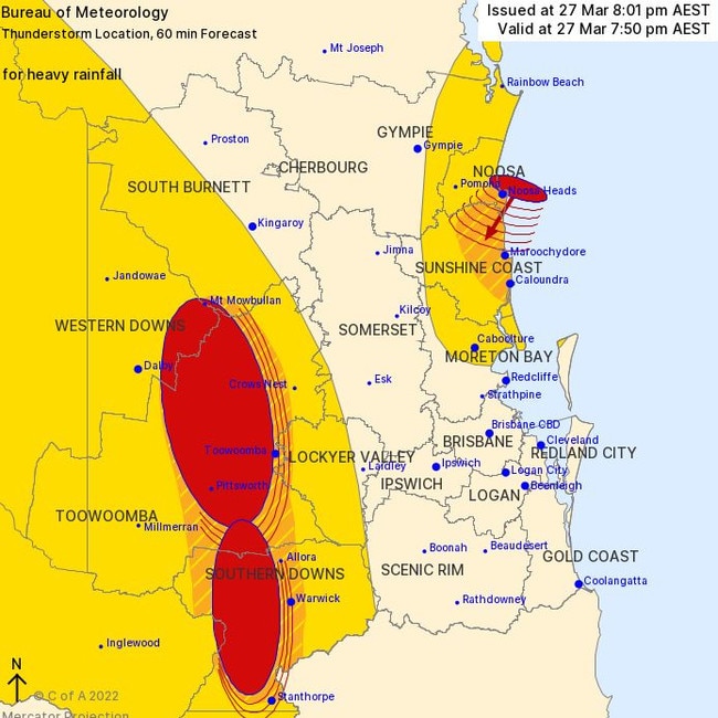 The Bureau of Meteorology issued a severe storm warning for heavy rainfall to people in parts of Southern Downs, Western Downs, South Burnett, Toowoomba, Lockyer Valley, Sunshine Coast and Noosa Council Areas. Picture: BOM