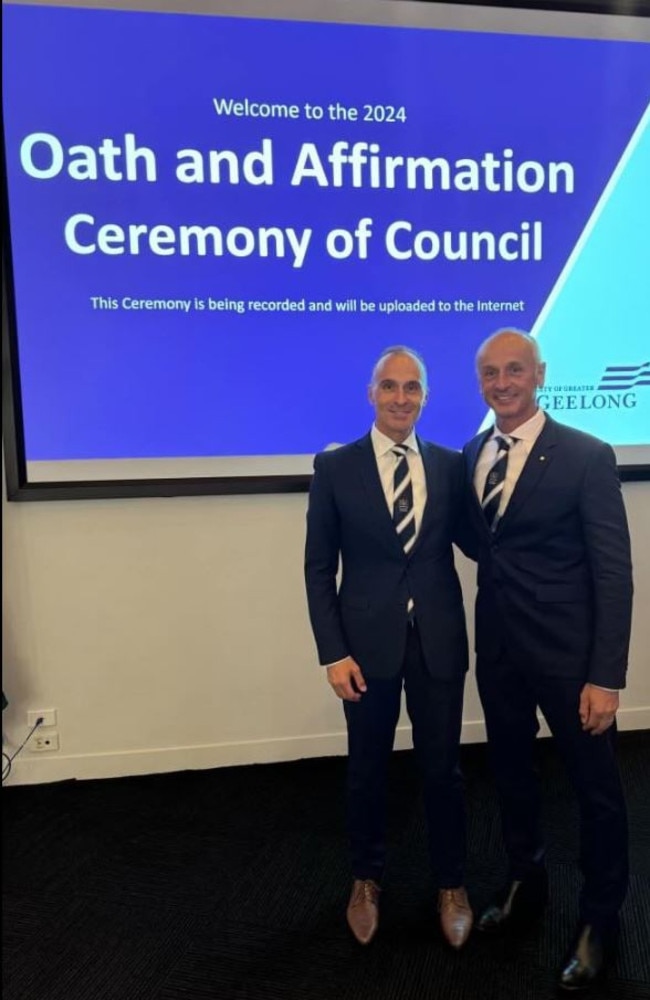 Eddy and Stretch Kontelj at Geelong council's recent swearing-in ceremony. Picture: Facebook.