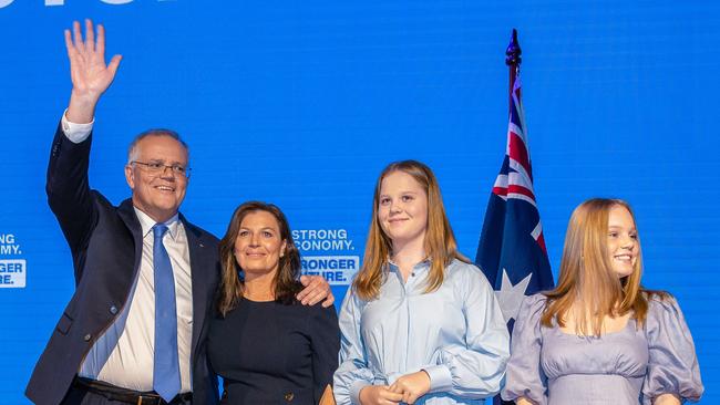 Mr Morrison is pictured with wife Jenny and daughters Abbey and Lily at the Coalition’s official campaign launch. Picture: Jason Edwards