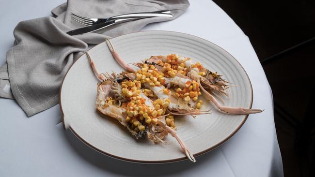 Fire roasted scampi, miso, grilled corn, tobiko. Beaux Rumble, Fortitude Valley