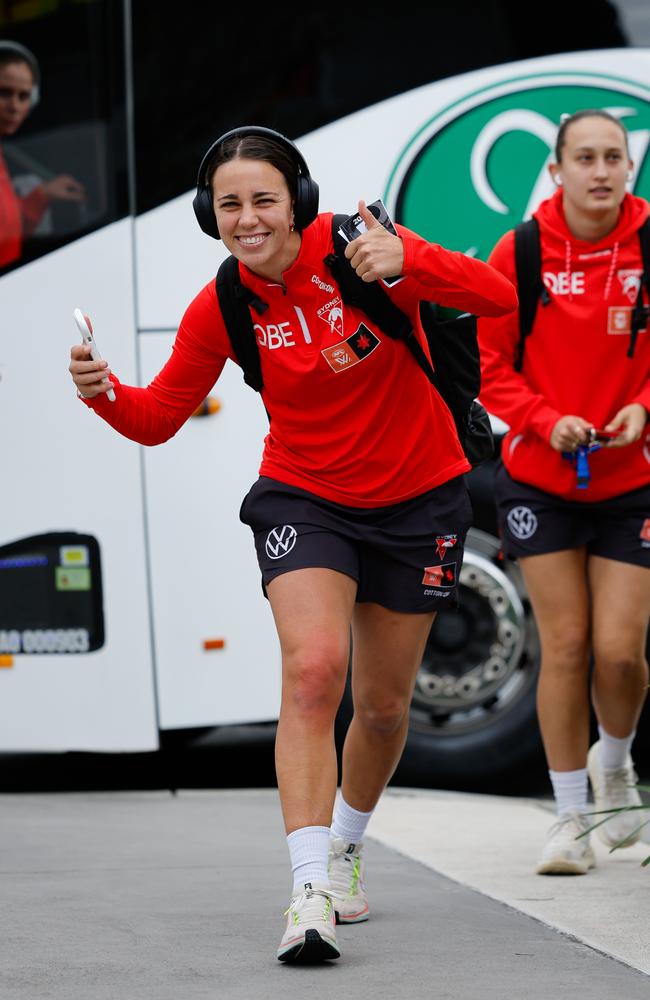 Chloe Molloy forces a grin as she arrived at Moorabbin ahead of the Swans’ loss to St Kilda. Picture: Dylan Burns/AFL Photos via Getty Images.