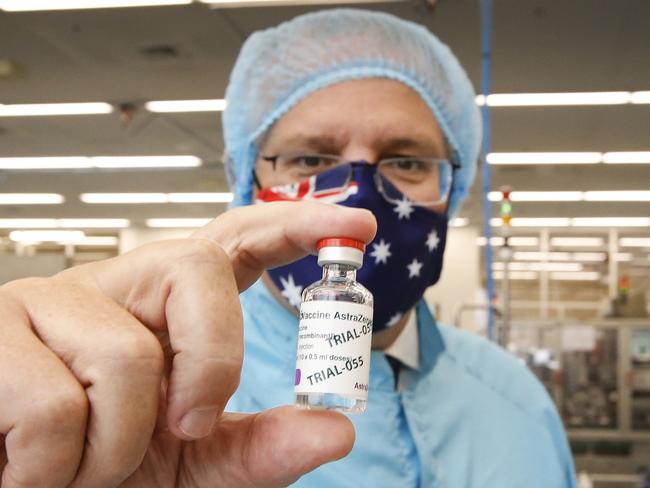 MELBOURNE, AUSTRALIA - FEBRUARY 12: Prime Minister Scott Morrison visits the CSL vaccine manufacturing facility on February 12, 2021 in Melbourne, Australia. Pharmaceutical company CSL is manufacturing Australia's Oxford-AstraZeneca COVID-19 vaccines.  (Photo by David Caird-Pool/Getty Images)