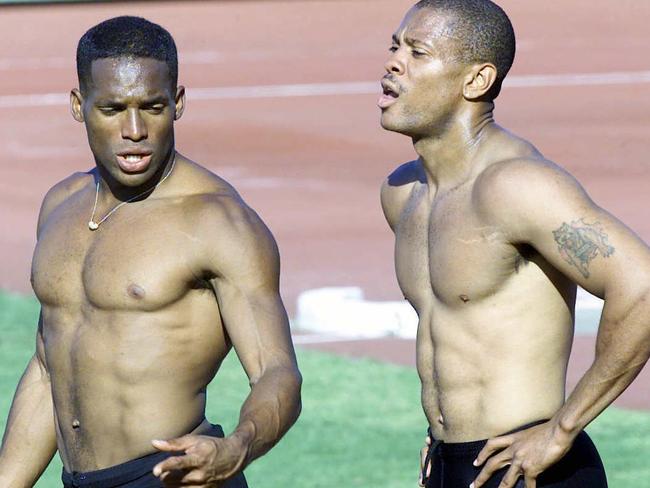 Ato Boldon with Maurice Green during Sydney Olympic Games training session 14 Sep. 2000.