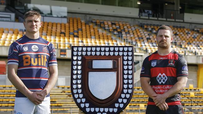 Charter Hall Shute Shield Grand Finalists Captains (L-R) Josh Bokser (Eastern Suburbs) and Harry Burey (Northern Suburbs) with the trophy at Leichhardt Oval.