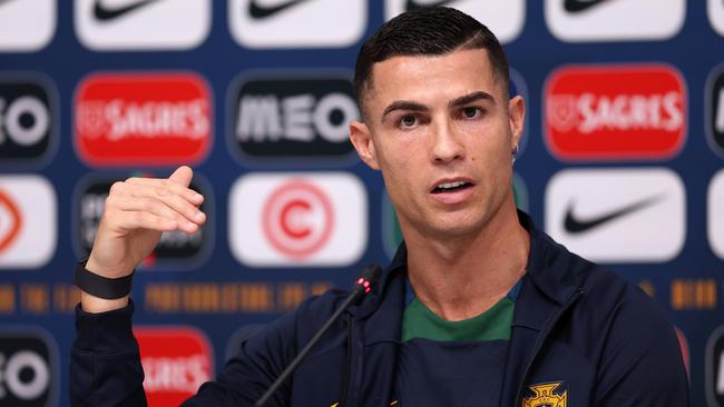 Portugal superstar Cristiano Ronaldo speaks to the media in Doha. Picture: Christopher Lee/Getty Images