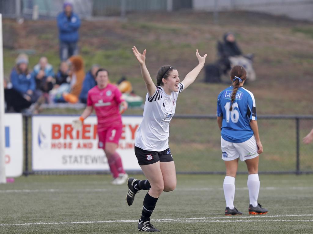 Hobart Zebras versus Kingborough Lions in the women's Statewide Cup final at KGV. Hobart's Lily Hulton celebrates Danielle Kannegiesser's first goal in the first half. Picture: PATRICK GEE