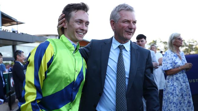 Trainer Kris Lees (right) and jockey Dylan Gibbons celebrate Kalapour’s Tancred Stakes victory at Rosehill in March 2024. Picture: Jeremy Ng / Getty Images