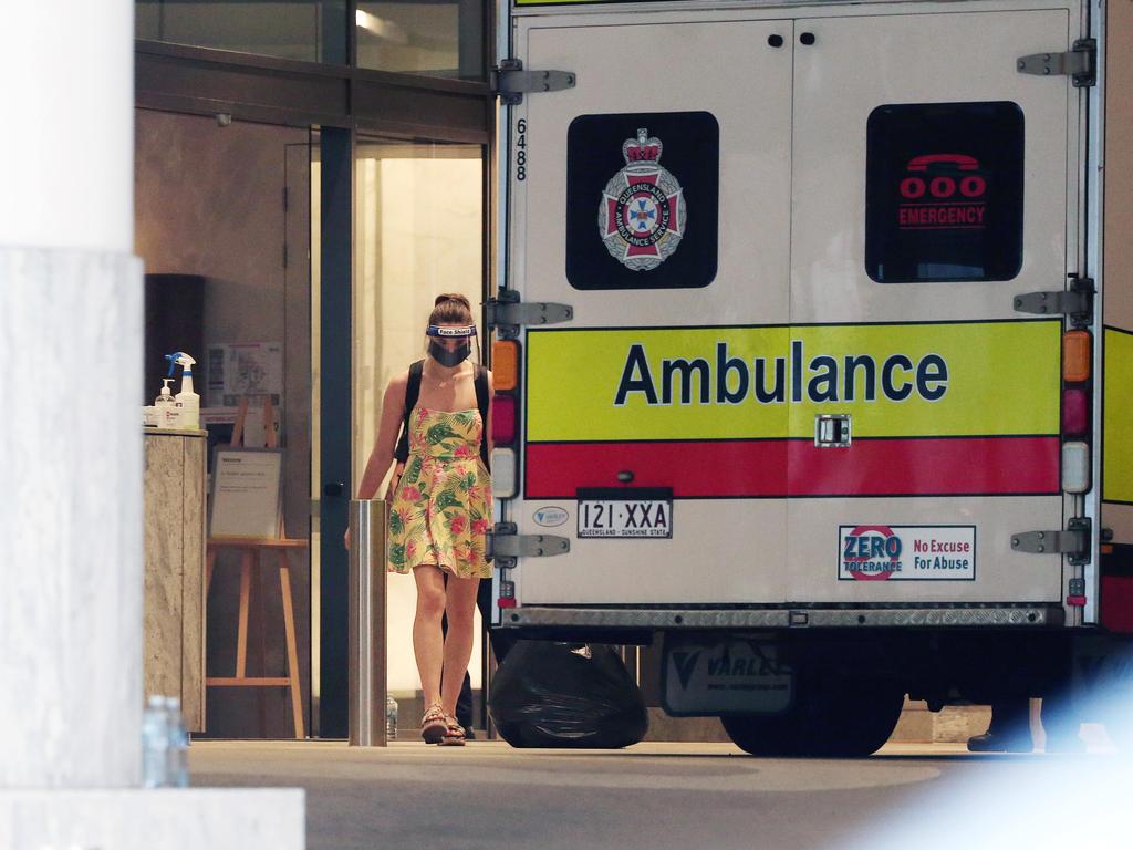 A guests makes her way to be transported in an ambulance to The Westin in Brisbane City. Picture: Tara Croser.