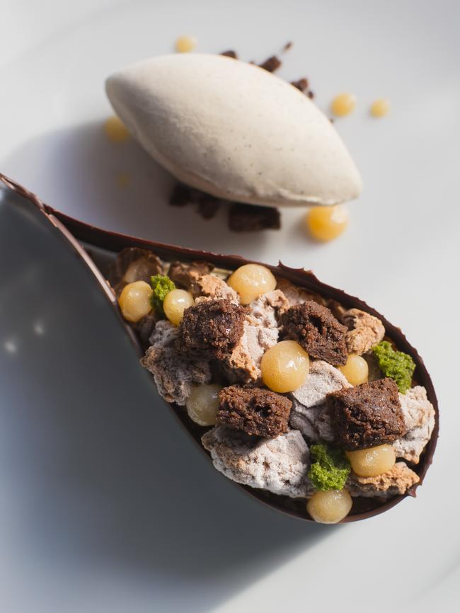 117 Dining’s Black truffle ice cream, quince, dark chocolate, vanilla foam and caramel cremeux.