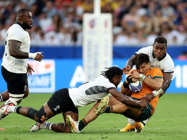 The Wallabies are staring down the barrell of failing to make it out of the group stake after their loss to Fiji. Picture: Catherine Ivill/Getty Images