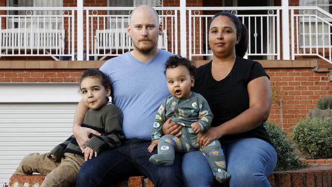 Chris and Merna Meurant with their children Noah, 4, and 7-month-old Sam at their Glen Alpine rental home. Picture: Jonathan Ng