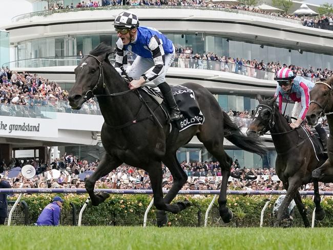 Gold Trip (FR) ridden by Mark Zahra wins the Lexus Melbourne Cup at Flemington Racecourse on November 01, 2022 in Flemington, Australia. (Photo by Scott Barbour/Racing Photos via Getty Images)