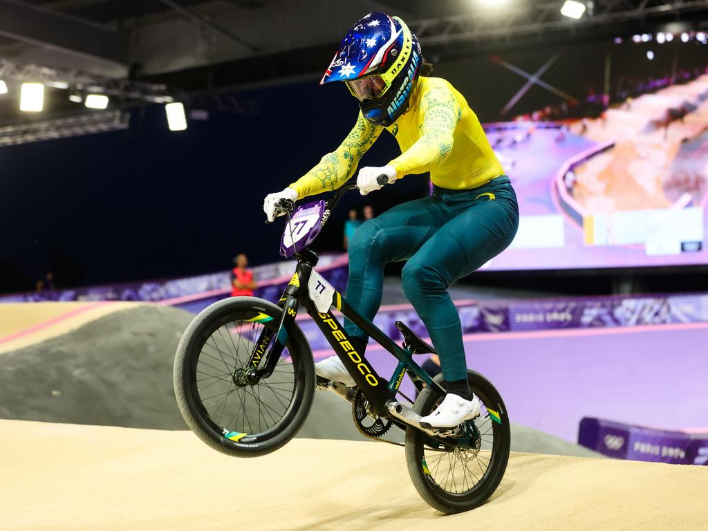 Australia’s Saya Sakakibara on her way to winning gold at the BMX racing final on August 2. Sakakibara dominated from start to finish in the emotional win. Picture: Pete Dovgan/Speed Media/Icon Sportswire via Getty Images