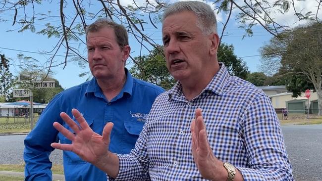 Glen Kelly, LNP candidate for Mirani, (r) and Dale Last (l) LNP Burdekin MP standing on the Peak Downs Highway in Walkerston promising $20m for the highway, and $100m for country roads in Queensland on October 11, 2024. Picture: Paul Brescia