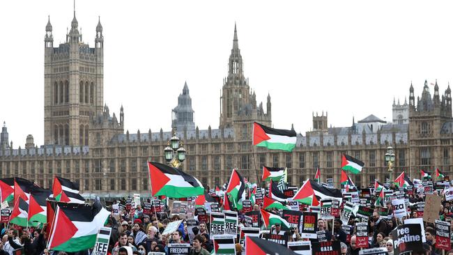 A crowd of chanting pro-Palestinian protesters descends on the Palace of Westminster in London last Saturday. Picture: AFP