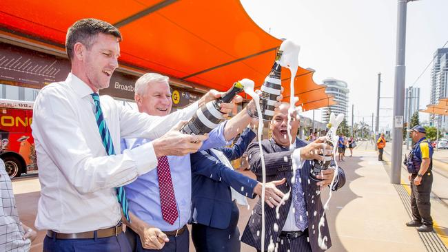 Announcement for Light Rail Stage 3A, from Broadbeach South to Burleigh. Transport Minister Mark Bailey, Depty Prime Minister of Australia, Michael McCormack, Angie Bell MP and Gold Coast Mayor Tom Tate, popping Champagne. Picture: Jerad Williams