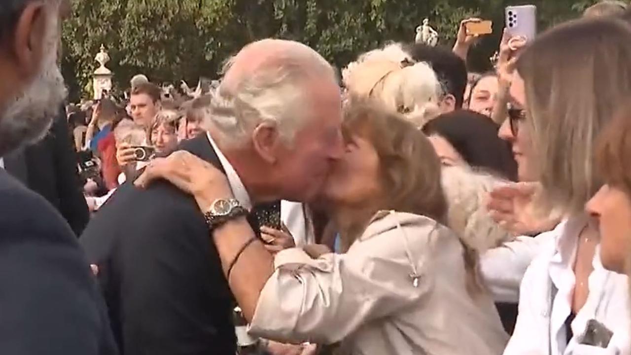 Supplied  King Charles III was greeted by a kiss from a mourner. Picture: Sky News