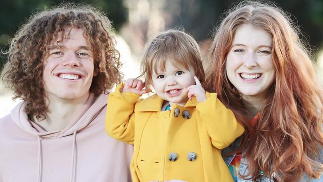 Ben Brown and his wife Hester and their 17-month-old daughter Aila. Picture: Rebecca Michael