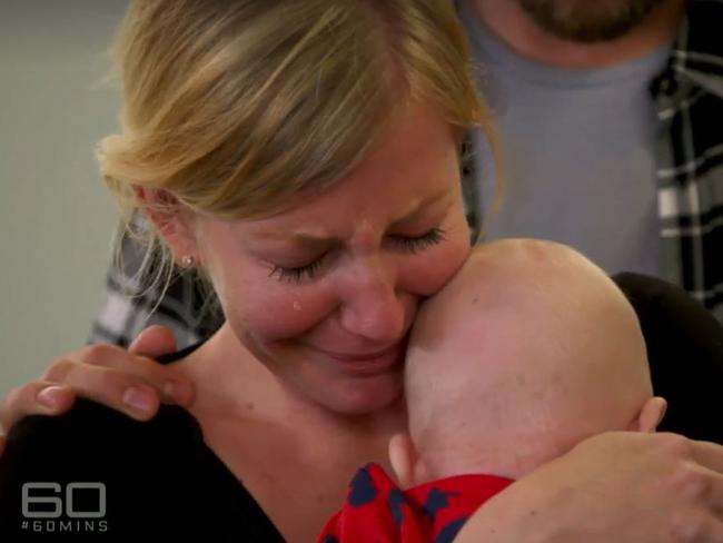 An emotional Sally when she returned home to her family and new born son. Picture: 60 Minutes