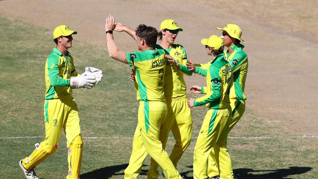 Aidan Cahill of Australia celebrates the wicket of Abdul Faseeh of Pakistan during the ICC U19 Men's Cricket World Cup. Picture: Getty Images