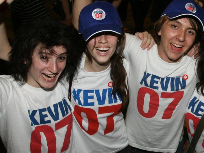 2007 Federal Election - L-R Gabriel Netovic , Lorelei Links , Paddy Keyes and Sinead Shearer wearing Kevin 07 tee shirts celebrate at Suncorp Stadium .