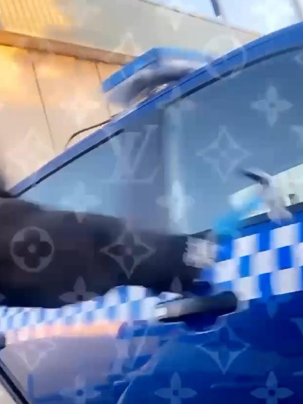 Screen grab of a youth hitting a police car while hanging out the window of a moving car. Picture: Instagram