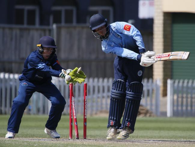 The moment Manly’s Myles Kapoor rocked back Blake Noorbergen’s middle stump. Picture: Warren Gannon Photography