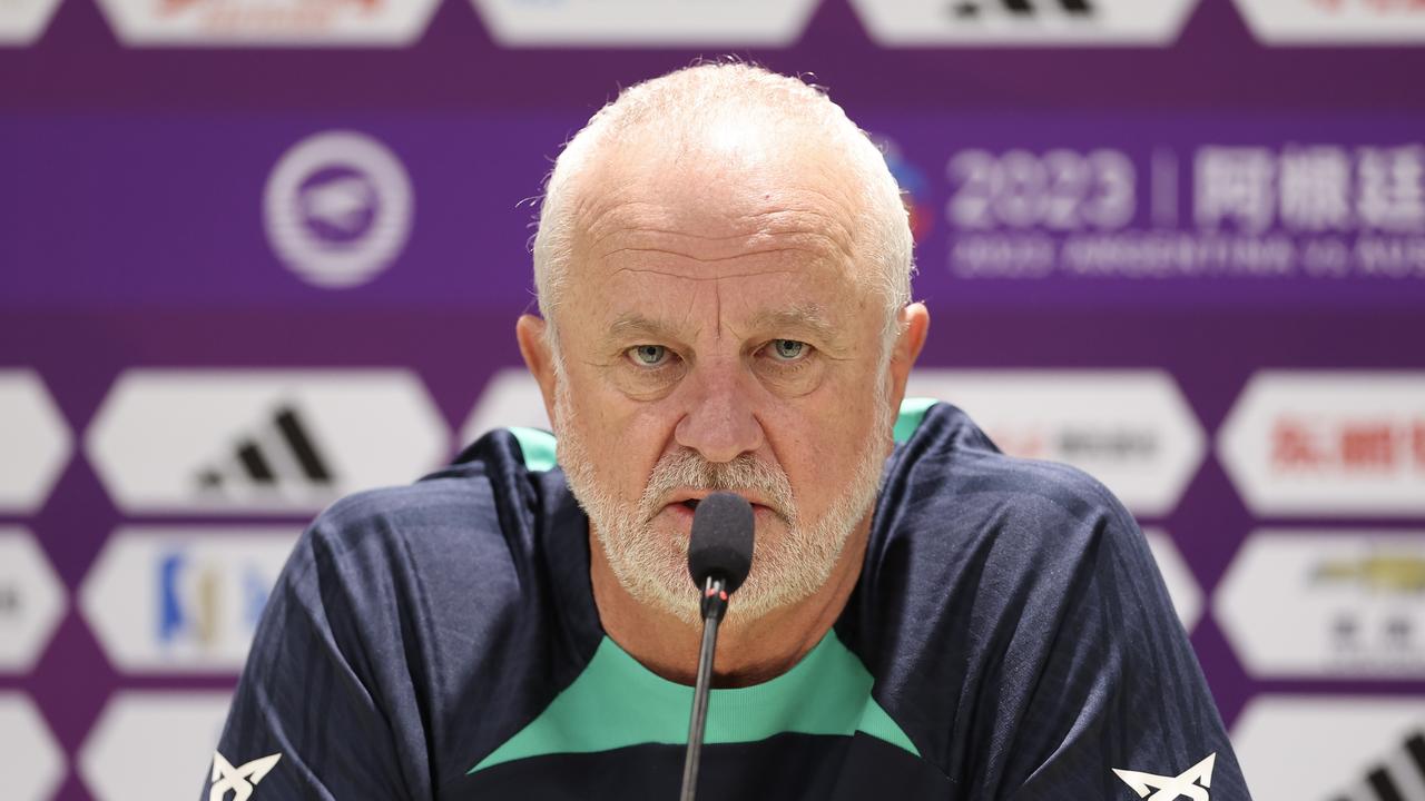 BEIJING, CHINA - JUNE 14: Head Coach of Australia Graham Arnold speaks to the media during a press conference ahead of 2023 International Football Invitation match between Argentina and Australia at Workers Stadium on June 14, 2023 in Beijing, China. (Photo by Lintao Zhang/Getty Images)